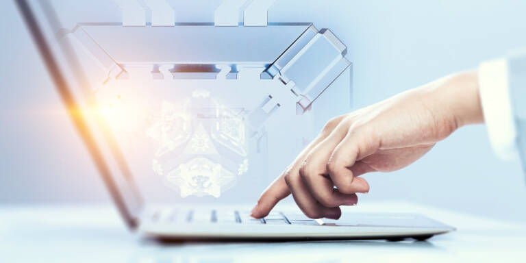 Businesswoman hand on laptop on tech background. Mixed media