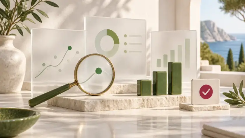 Illustration conceptuelle : graphiques, loupe et validation pour analyser les données avec l’IA.